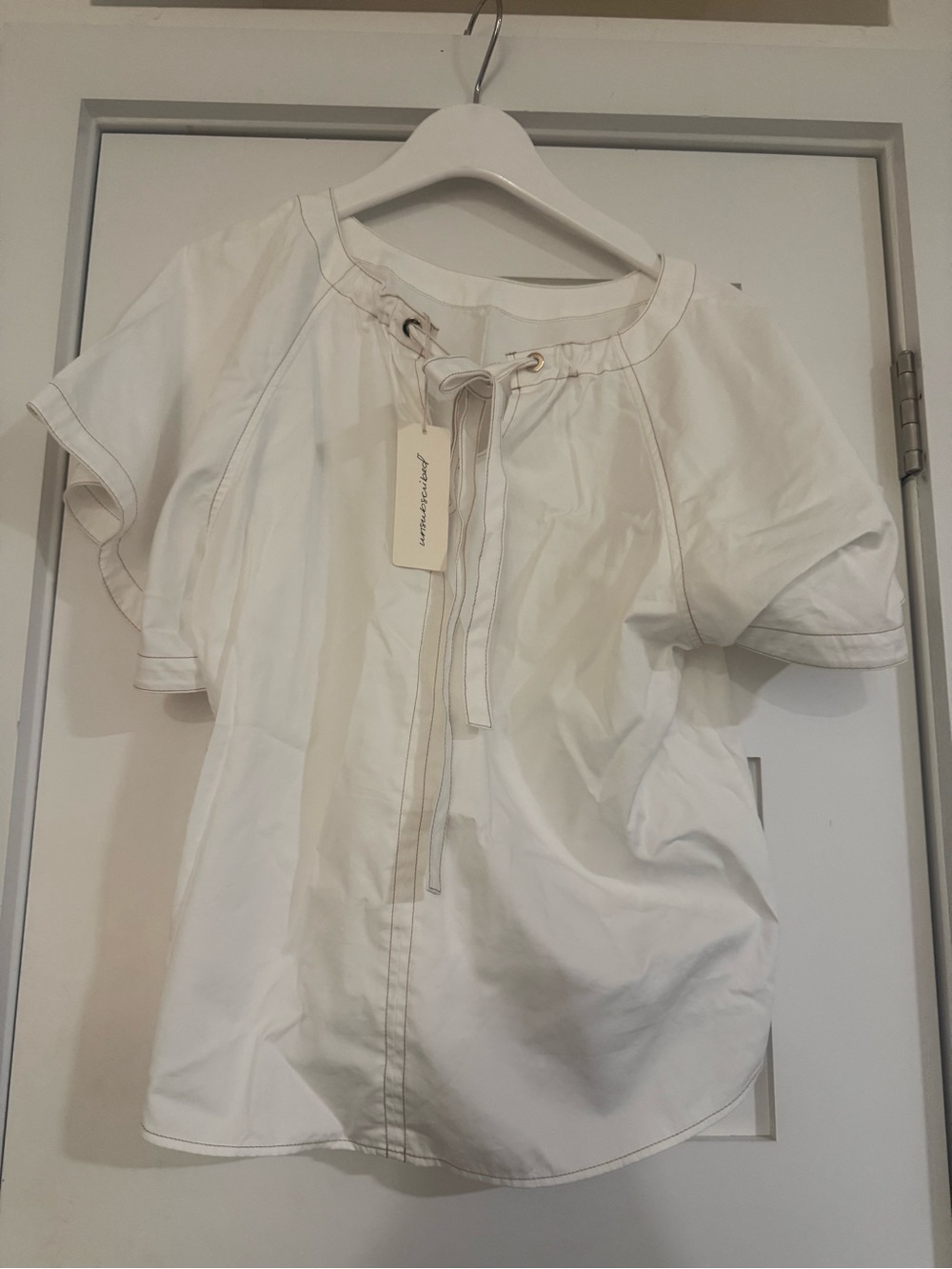 Drawstring Neck Short Sleeve Blouse in White